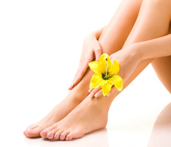 Beautiful well-groomed legs of girl with a yellow flower in her hand on a white background. The concept of prevention of varicose veins and hair removal. Advertising space